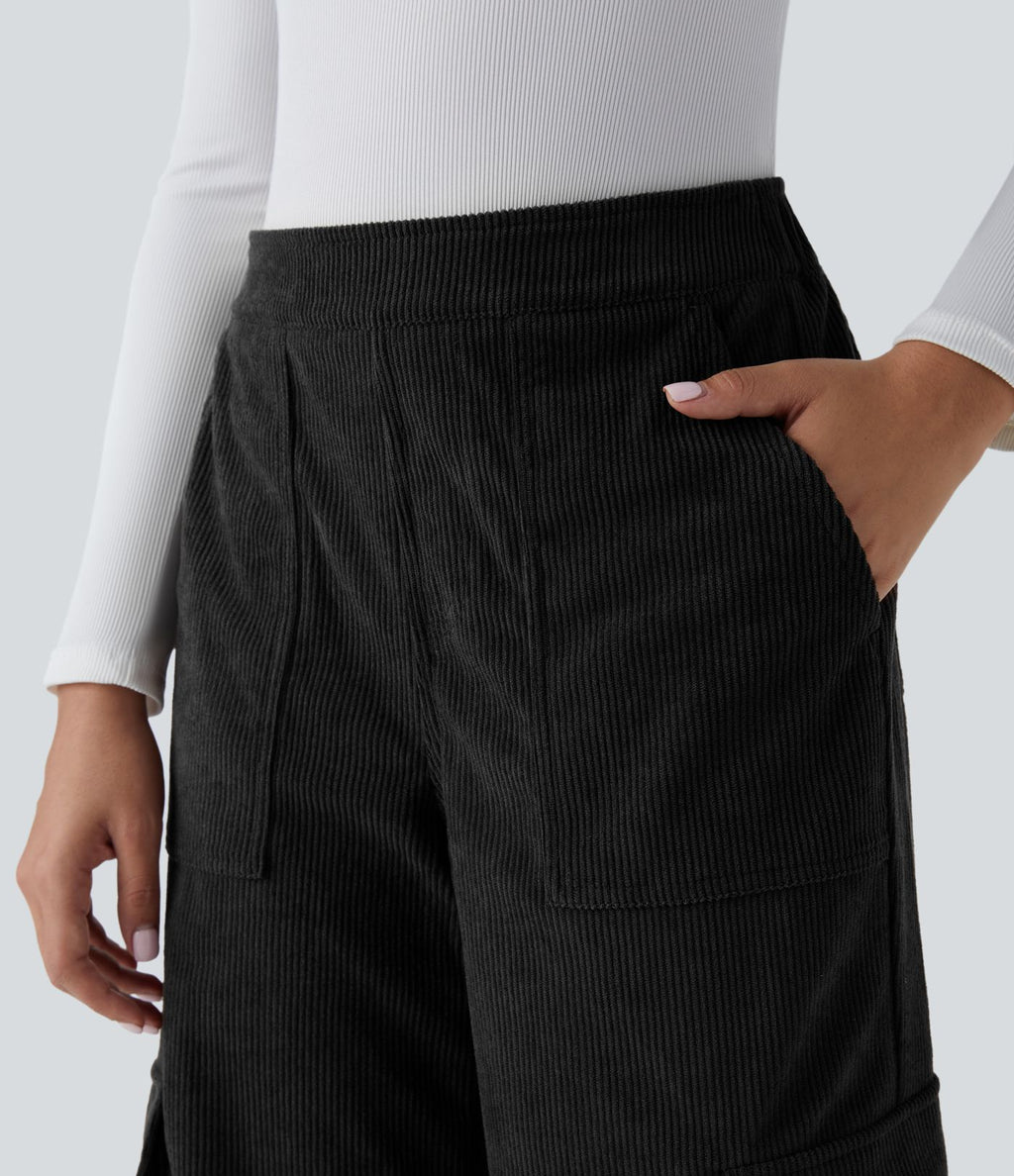 Pantalon cargo décontracté droit en velours côtelé, taille mi-haute, avec poches