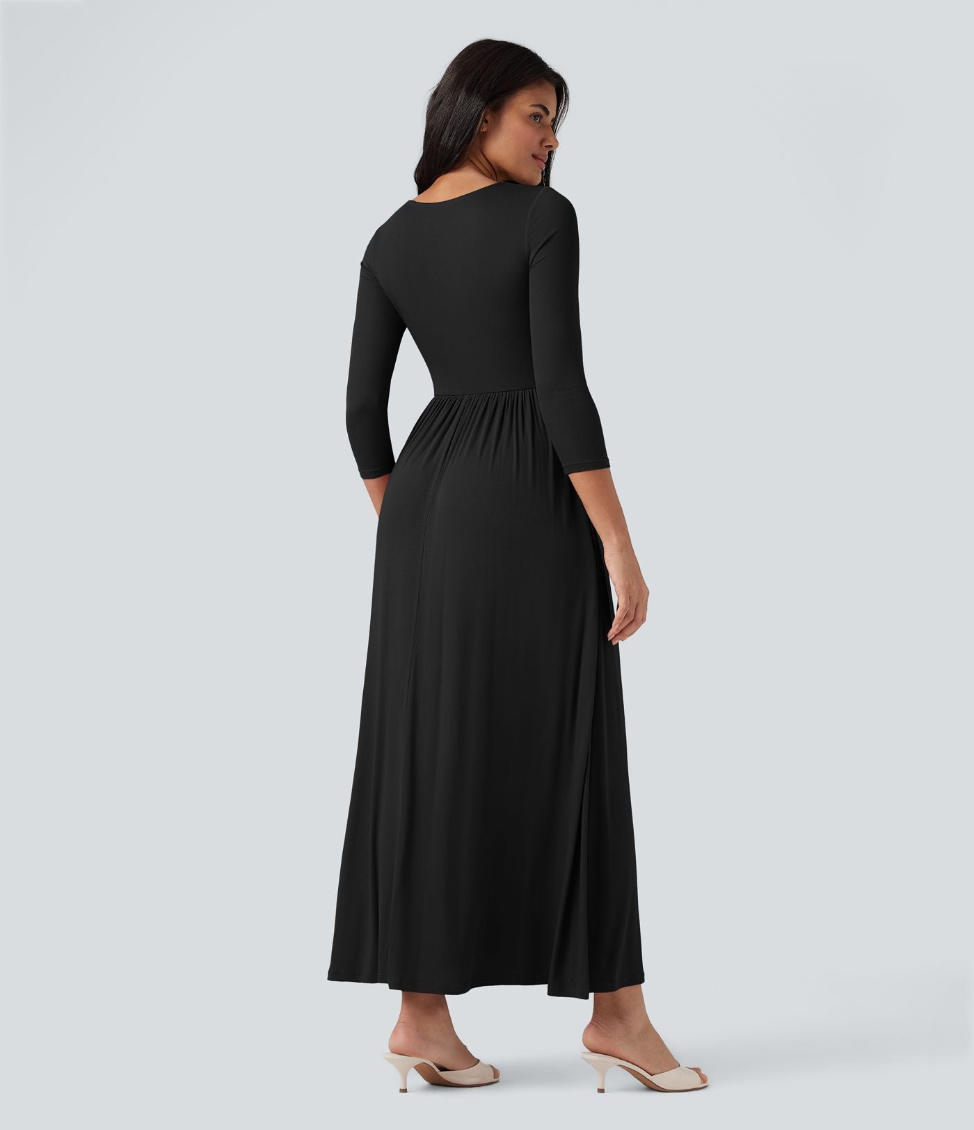 Robe longue fluide décontractée maille côtelée col rond manches 3/4 avec poches