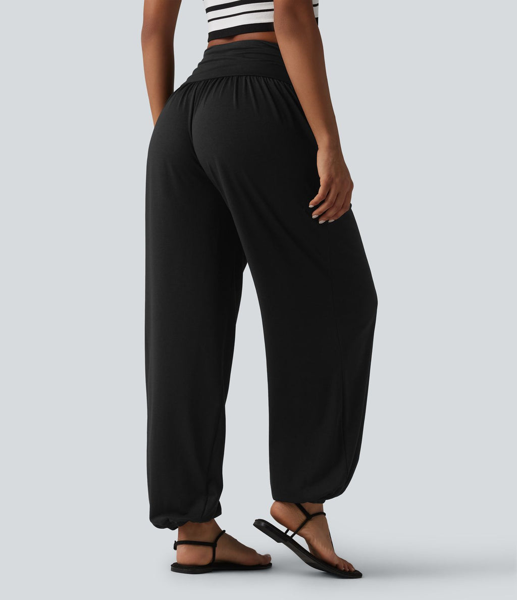 Jogging casual taille haute froncé avec poches