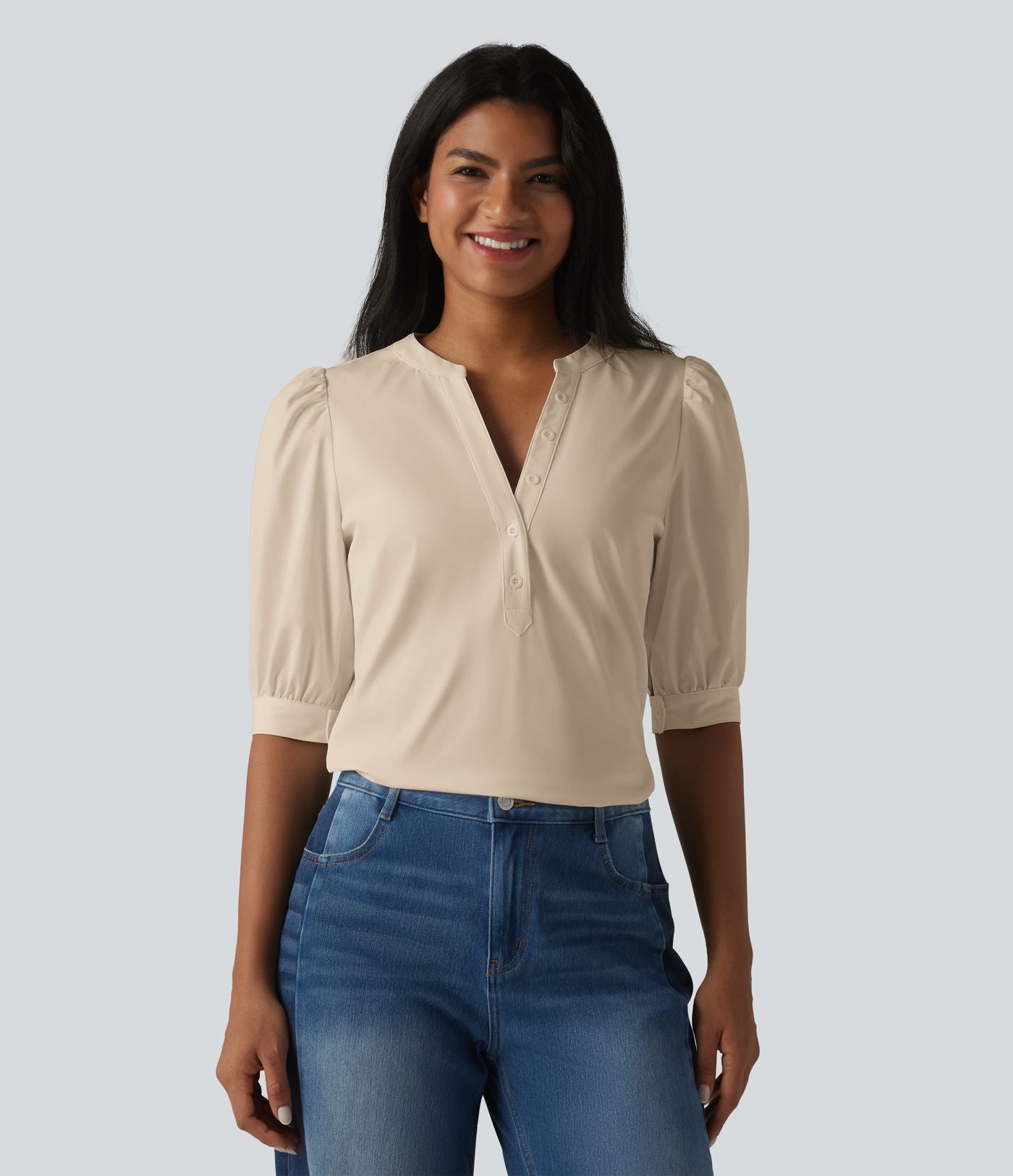 Blouse décontractée col Henley manches bouffantes mi-longues