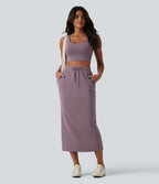 Jupe crayon casual mi-longue taille haute avec cordon de serrage et poches