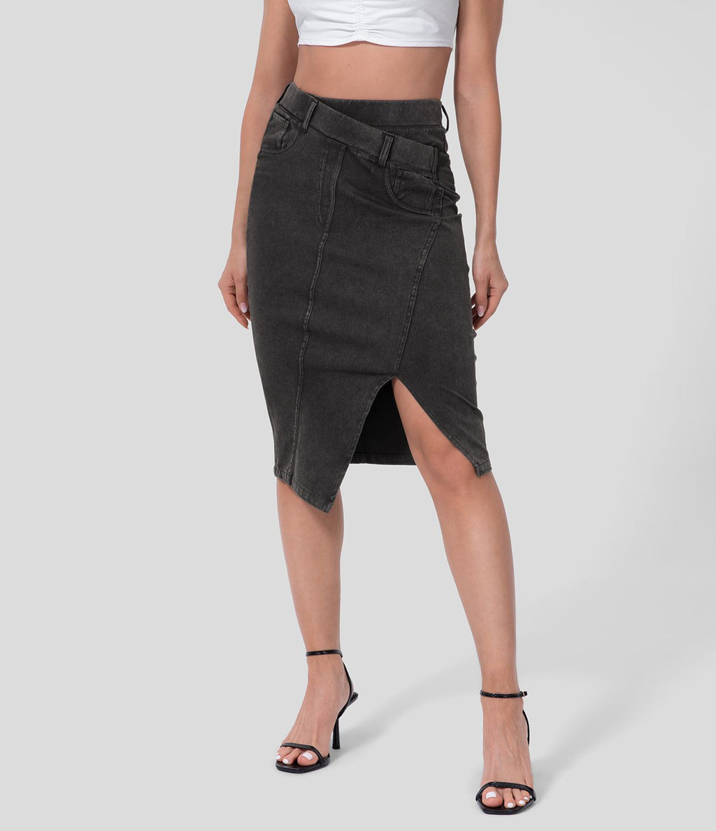 Halara Flex™ Jupe Midi Casual Taille Haute avec Ourlet Fendu en Denim Tricoté Élastique