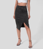 Halara Flex™ Jupe Midi Casual Taille Haute avec Ourlet Fendu en Denim Tricoté Élastique