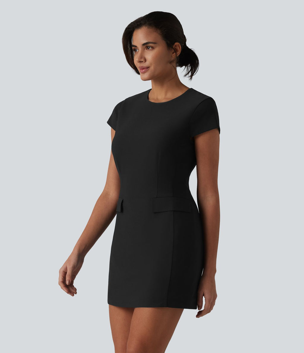 Robe de bureau mini moulante col rond manches courtes avec fermeture éclair invisible et poches
