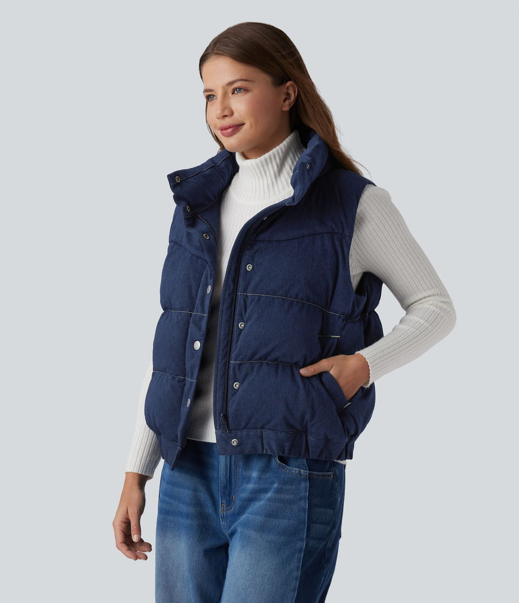 Halara Flex™ Doudoune sans manches en denim à col montant avec poches