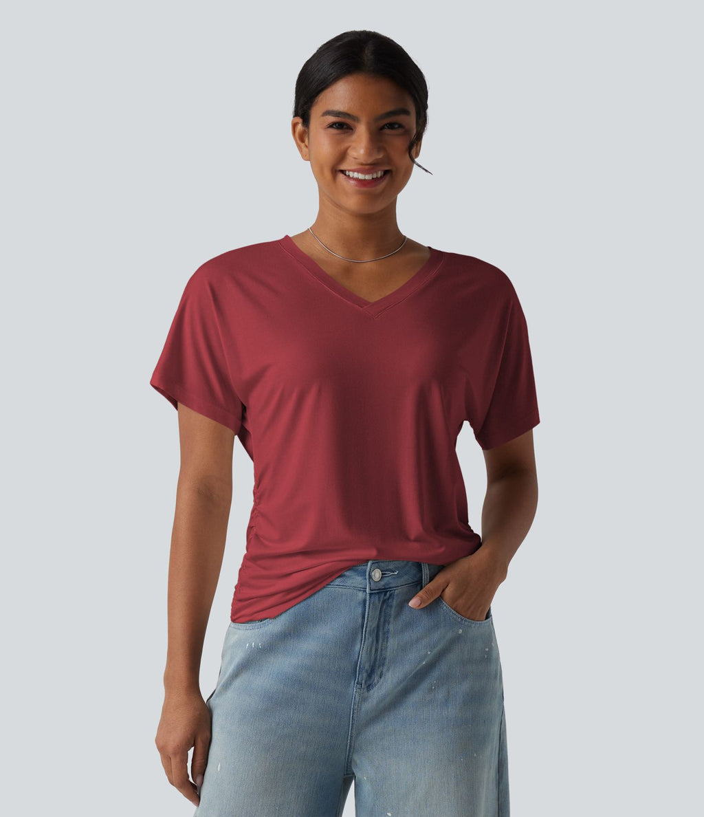 T-shirt décontracté uni à manches courtes, col V et fronces