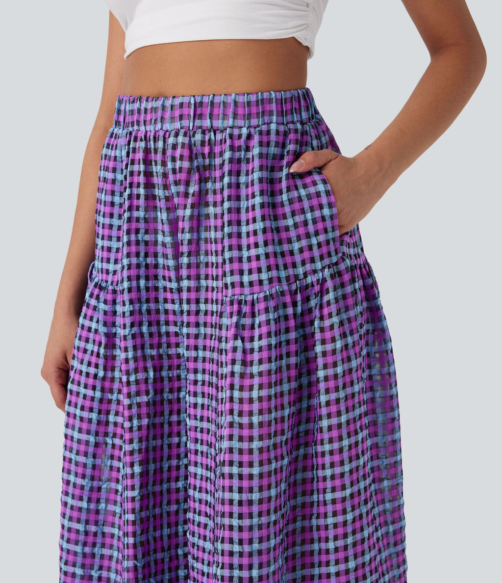 Pantalon décontracté à carreaux taille haute coupe ample avec poches latérales