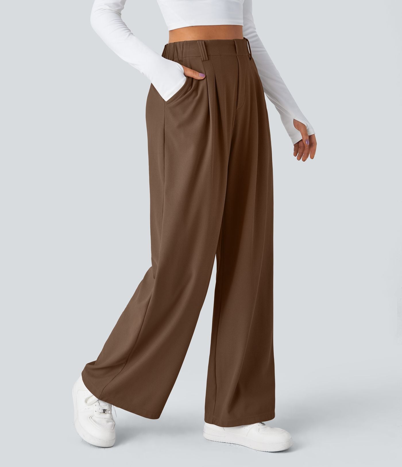 Pantalon Tailleur Large Fluide Halara Flex™ Gaufré Taille Haute Poches Latérales