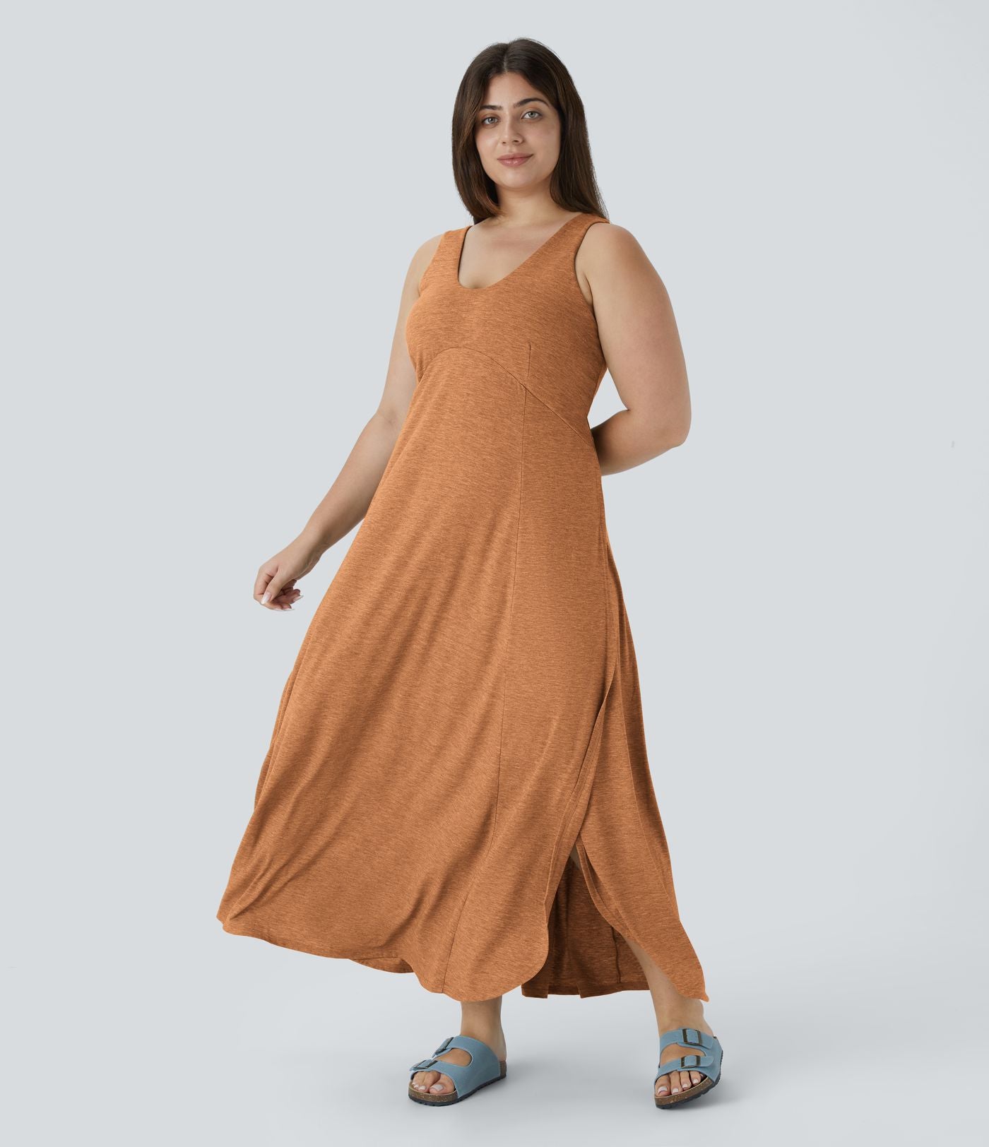 Robe Maxi Casual Grande Taille à Col U Sans Dos Fendue et Fluide