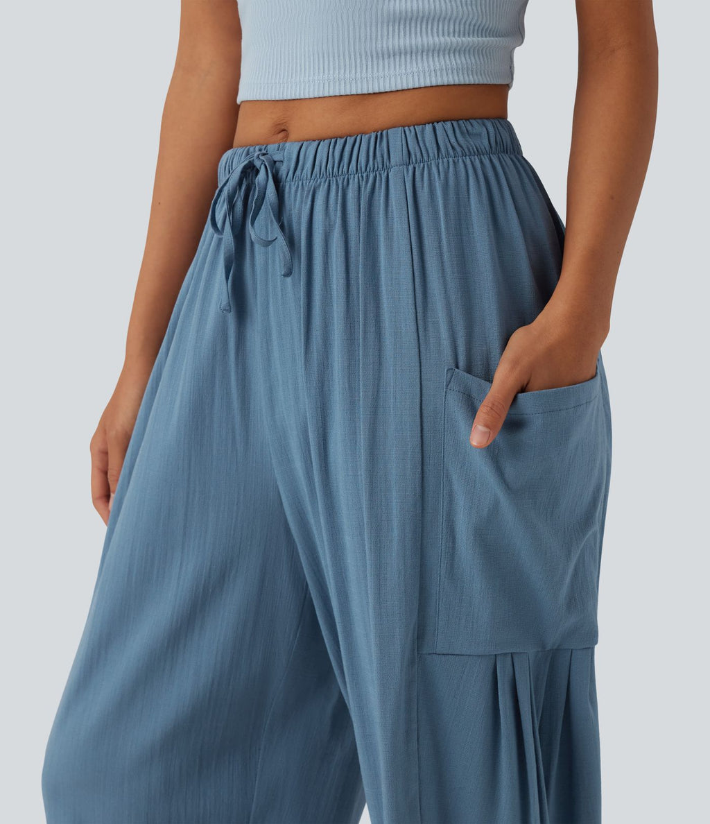 Pantalon court décontracté taille haute avec cordon de serrage, ourlet arrondi, effet lin et poches