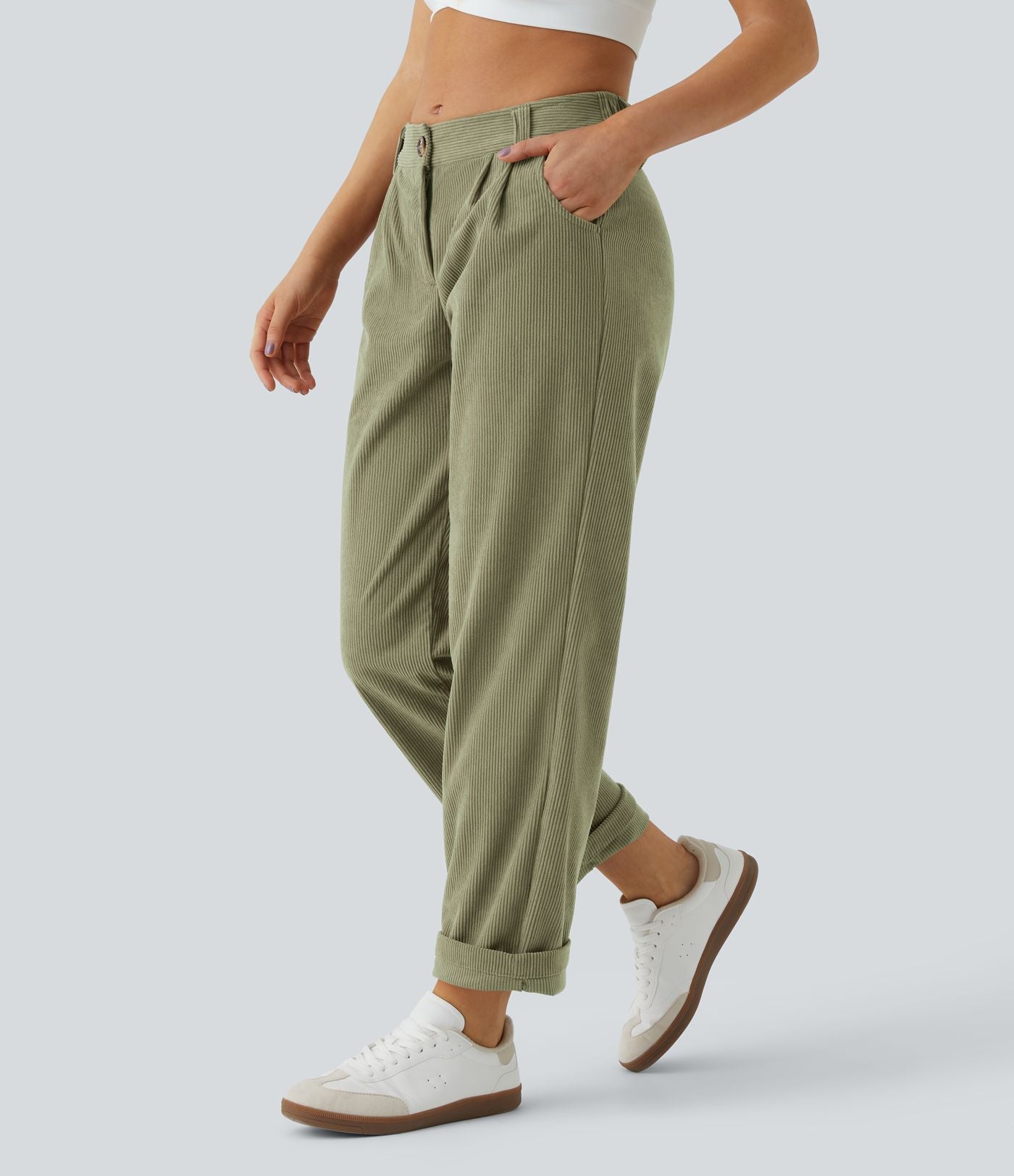Pantalon en velours côtelé décontracté taille moyenne avec poches latérales