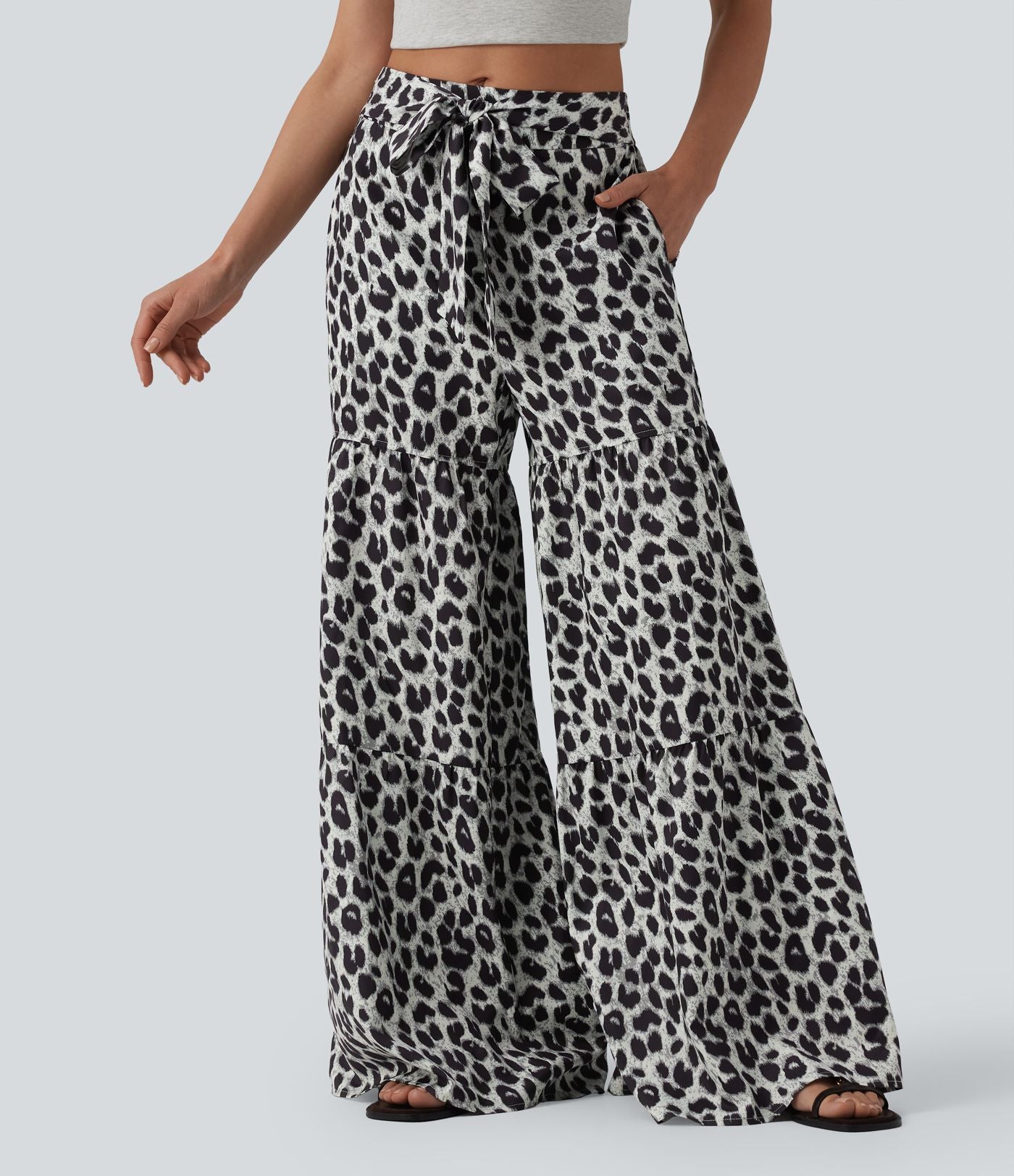 Pantalon ample décontracté taille mi-haute avec nœud devant imprimé léopard avec poches