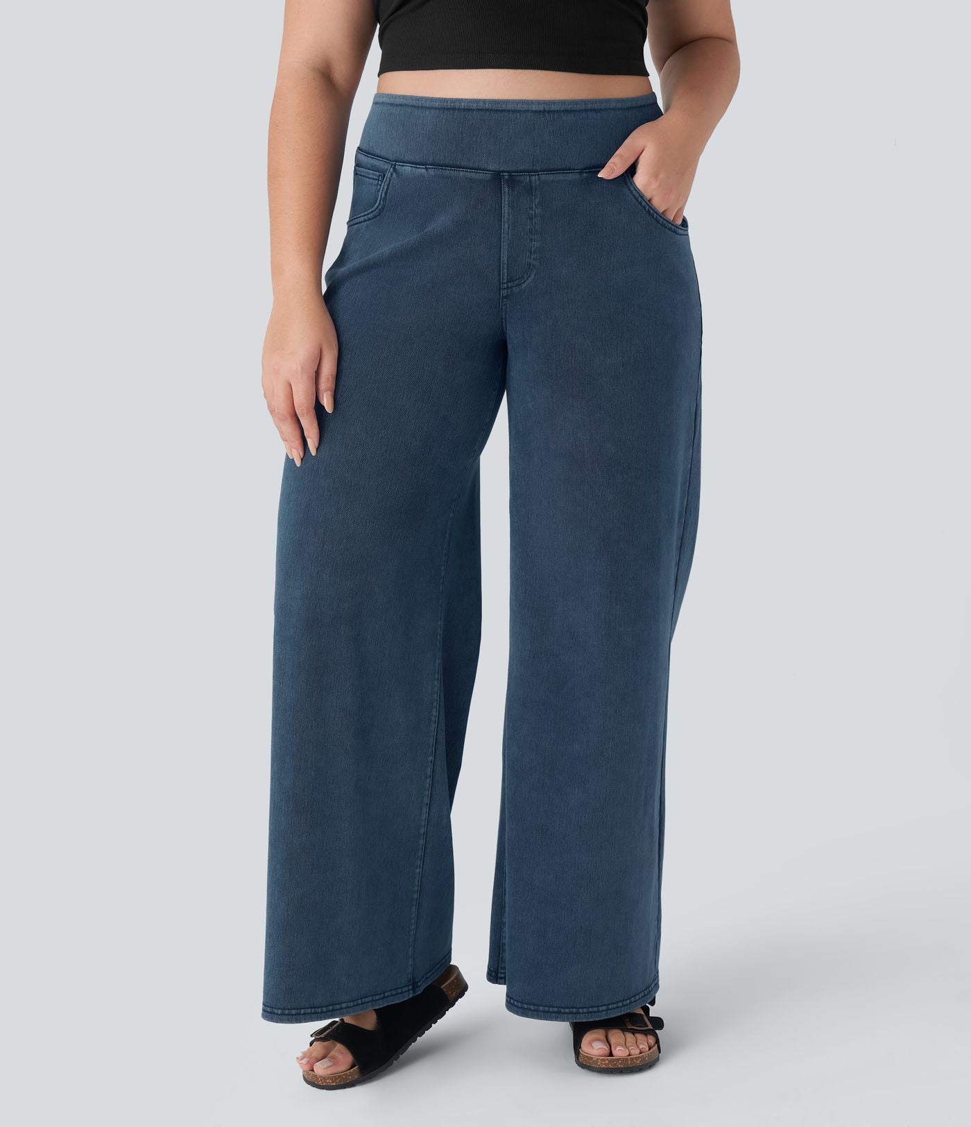 Halara Flex™ High Waisted Multiple Pockets Wide Leg Loose Stretchy Knit Casual Plus Size Jeans