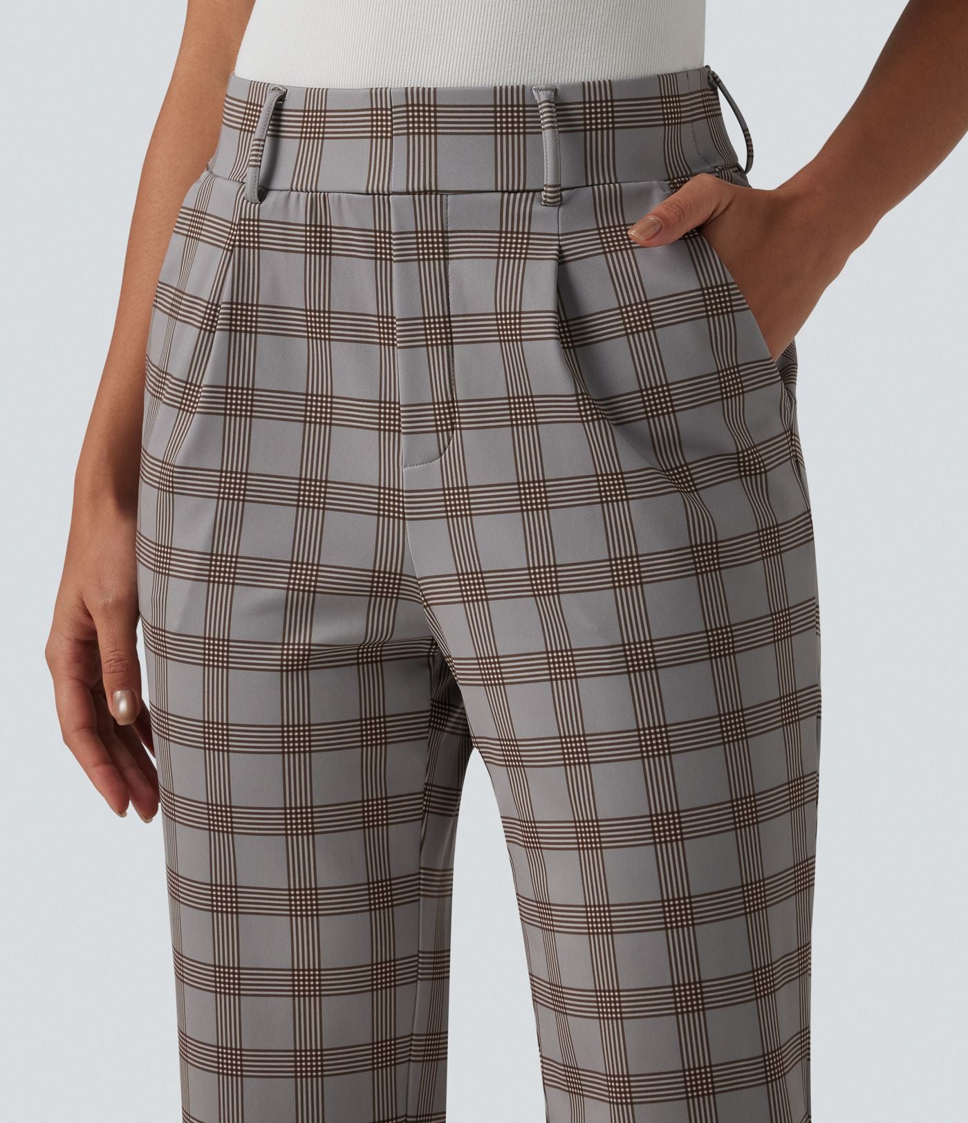 Halara Flex™ Pantalon tailleur fuselé taille haute à carreaux tartan, avec poches
