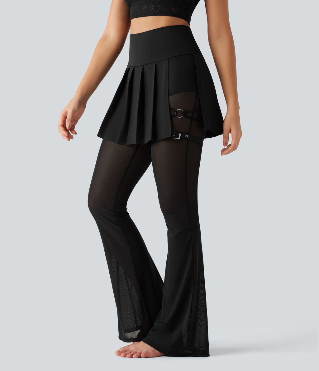 Legging de danse flare Breezeful™ 2-en-1 avec jupe plissée, taille haute, mesh contrasté, séchage rapide et poches