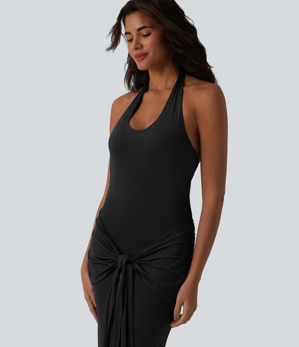 Robe maxi moulante col licou froncée effet frais InstantCool à nouer devant