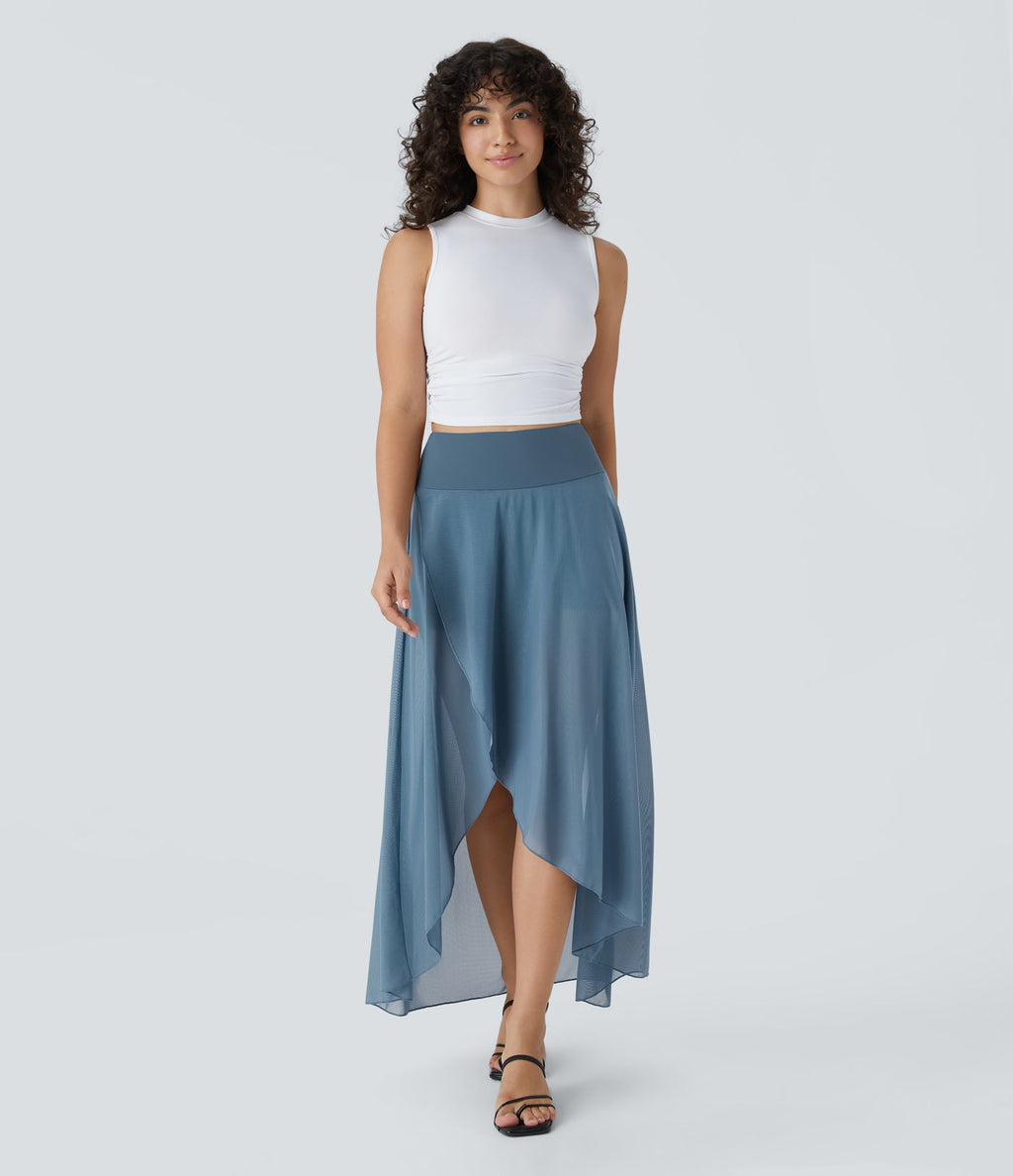 Jupe Longue Fluide Taille Haute à Volants 2 en 1 Poche Latérale Évasée en Mesh Casual Quotidien