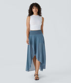 Jupe Longue Fluide Taille Haute à Volants 2 en 1 Poche Latérale Évasée en Mesh Casual Quotidien