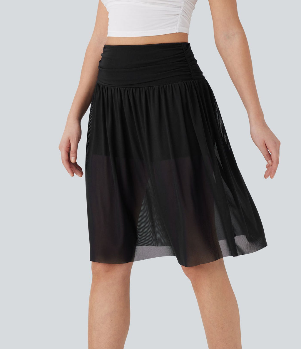 Jupe casual midi fluide 2-en-1 taille haute froncée maille contrastante avec poches latérales