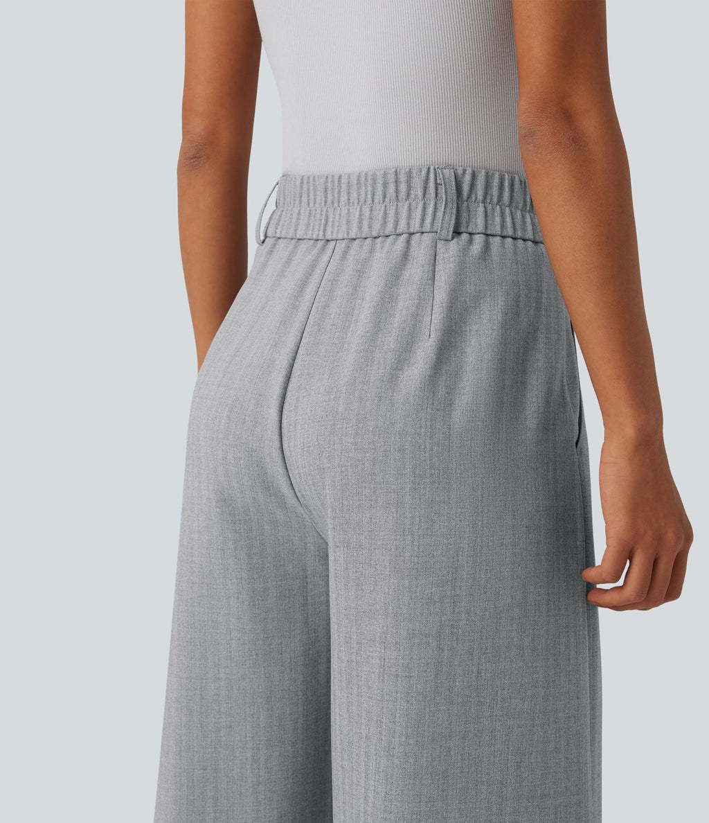 Pantalon tailleur 7/8 large plissé taille haute aspect lin avec poches