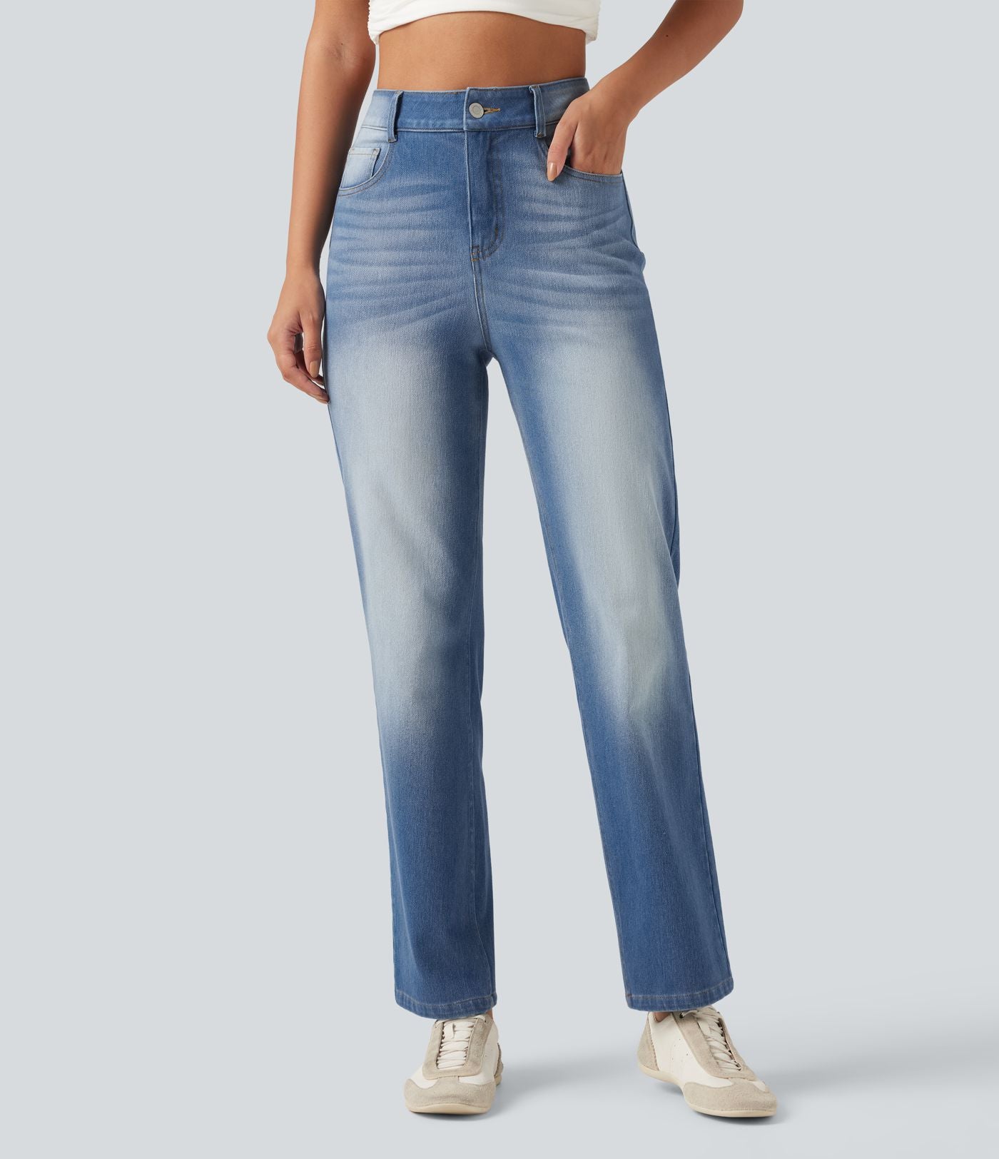 Jean droit Halara Flex™ taille haute gainant délavé avec poches