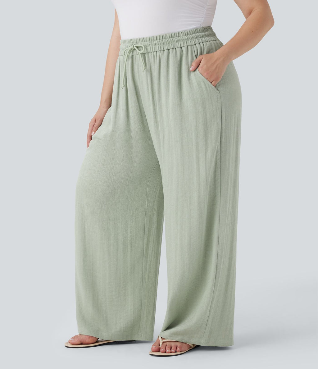 Pantalon décontracté grande taille large fluide taille haute effet lin avec cordon de serrage et poches