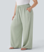 Pantalon décontracté grande taille large fluide taille haute effet lin avec cordon de serrage et poches