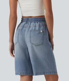 Short denim décontracté taille haute en lyocell 22,8 cm avec cordon de serrage et poches