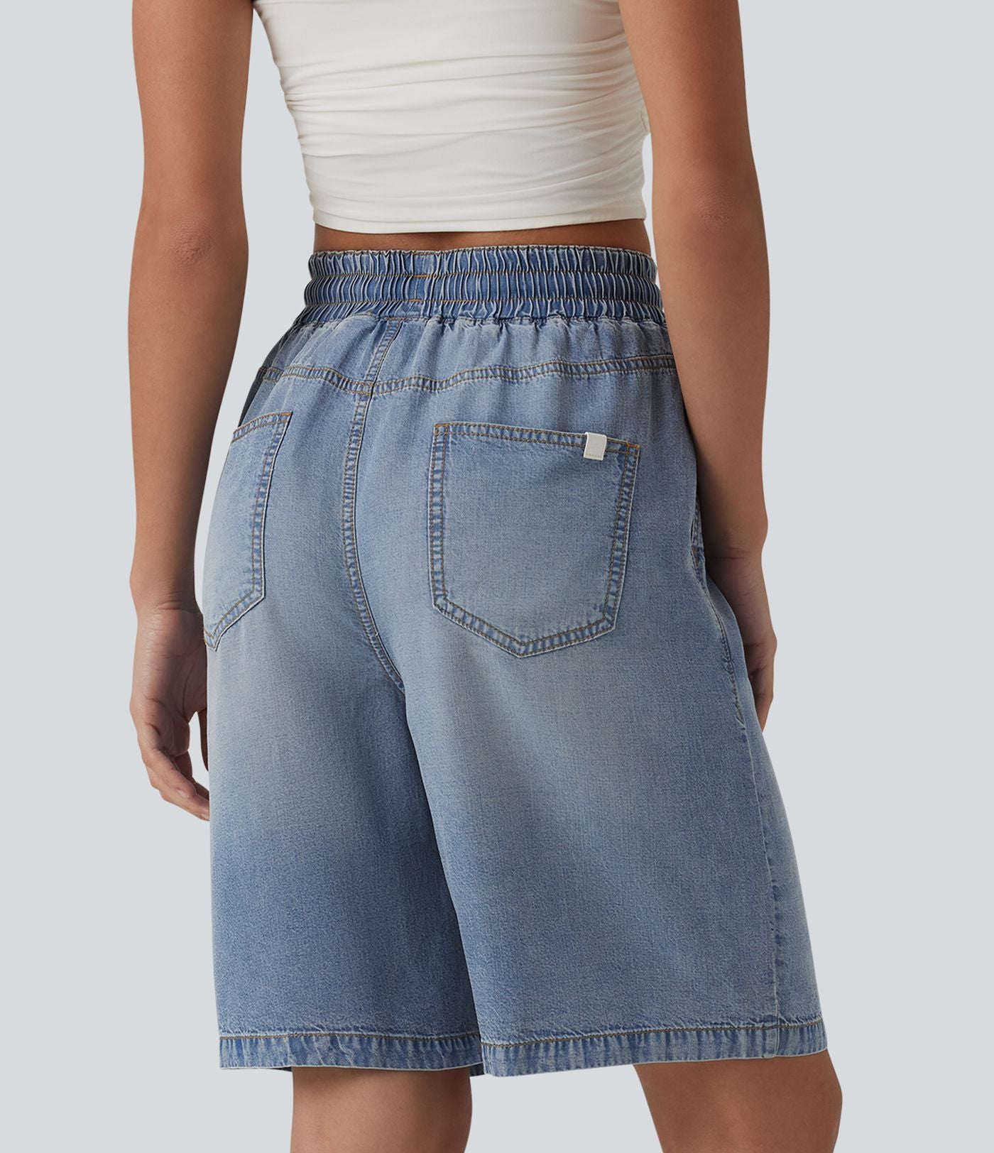 Short denim décontracté taille haute en lyocell 22,8 cm avec cordon de serrage et poches