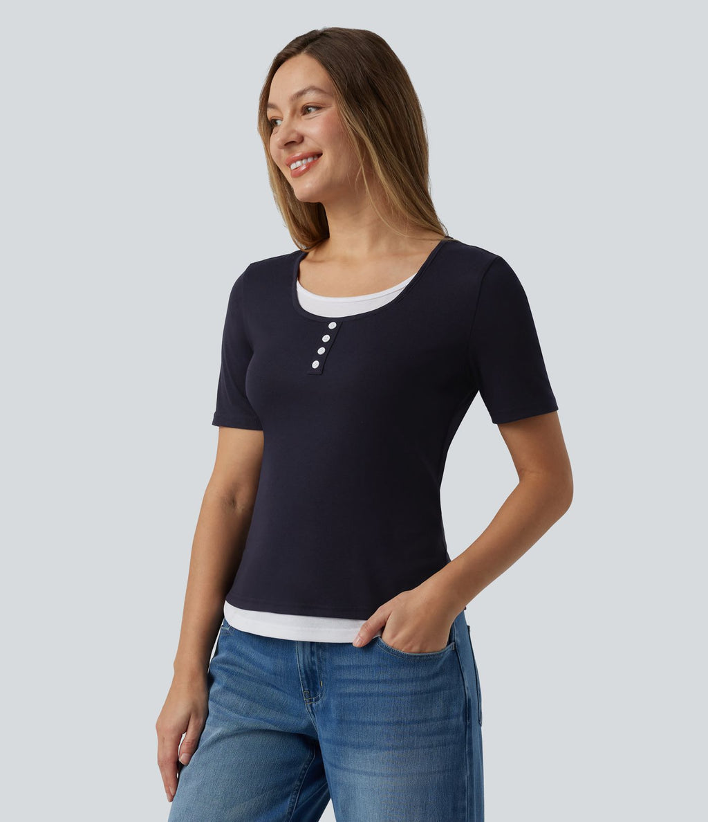 T-shirt casual color block col rond et manches courtes