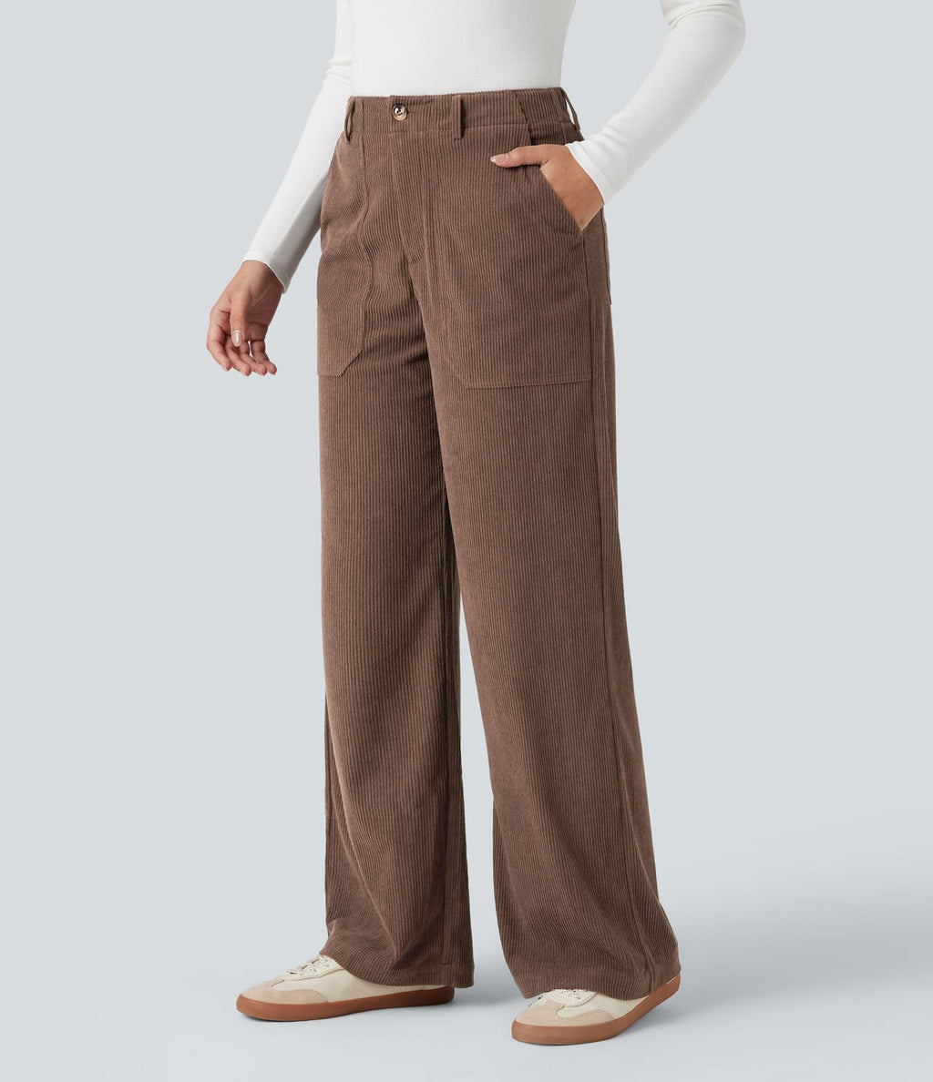 Pantalon décontracté large en velours côtelé, taille haute, avec poches