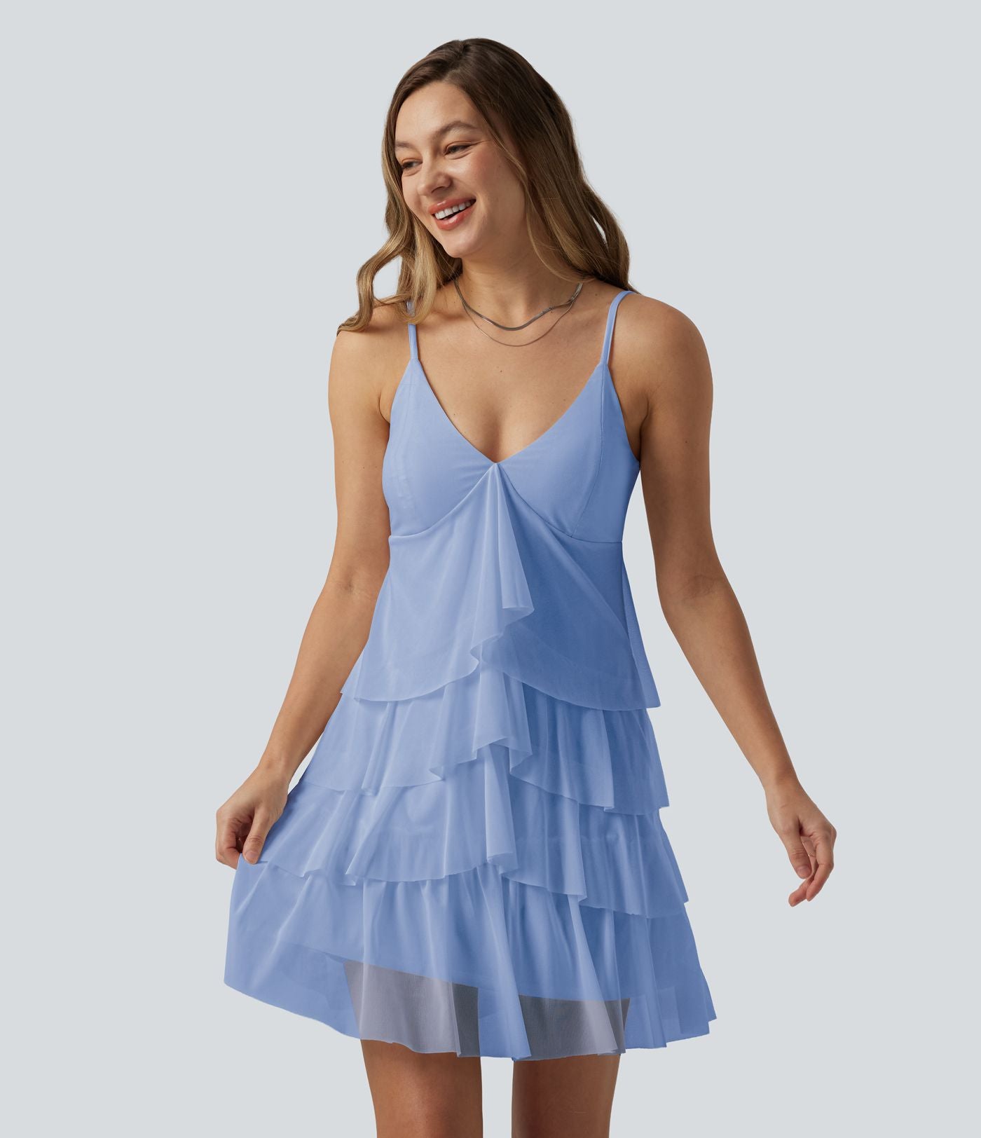 Robe nuisette courte décontractée à volants, dos nu croisé, empiècement en résille, brassière intégrée et poches