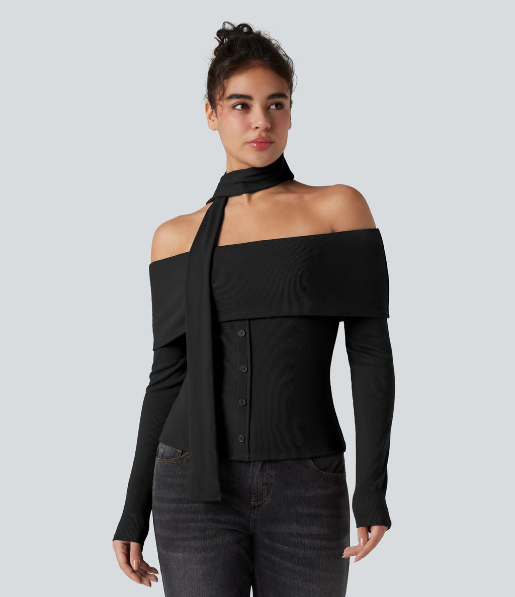 Top côtelé épaules dénudées manches longues avec brassière intégrée et foulard