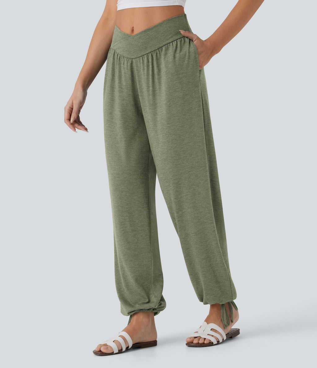 Pantalon de jogging décontracté à taille haute croisée avec poches latérales et cordon de serrage