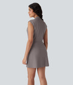 Robe de travail courte sans manches col V plissée Halara Flex™ micro gaufré avec poches