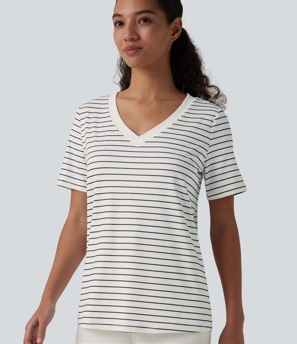 T-shirt décontracté col V manches courtes rayé