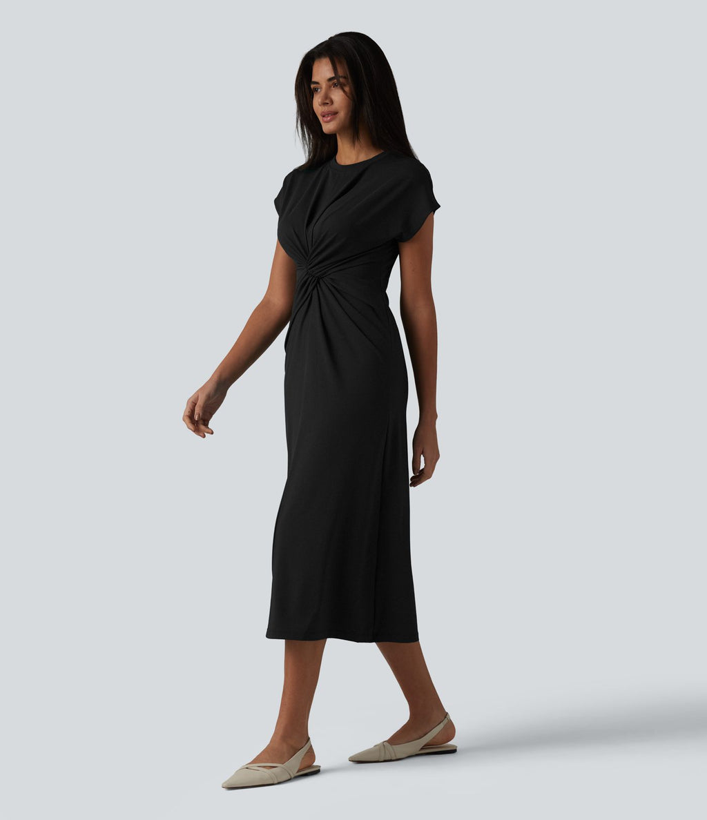 Robe de travail midi à col rond et manches courtes