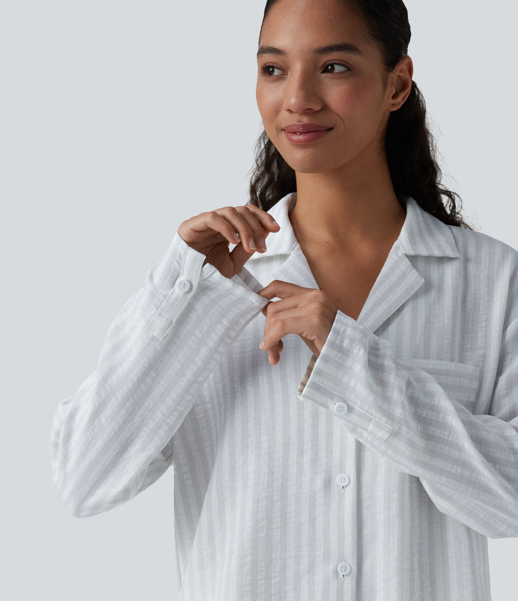Chemise décontractée rayée col cranté manches longues aspect lin avec poche