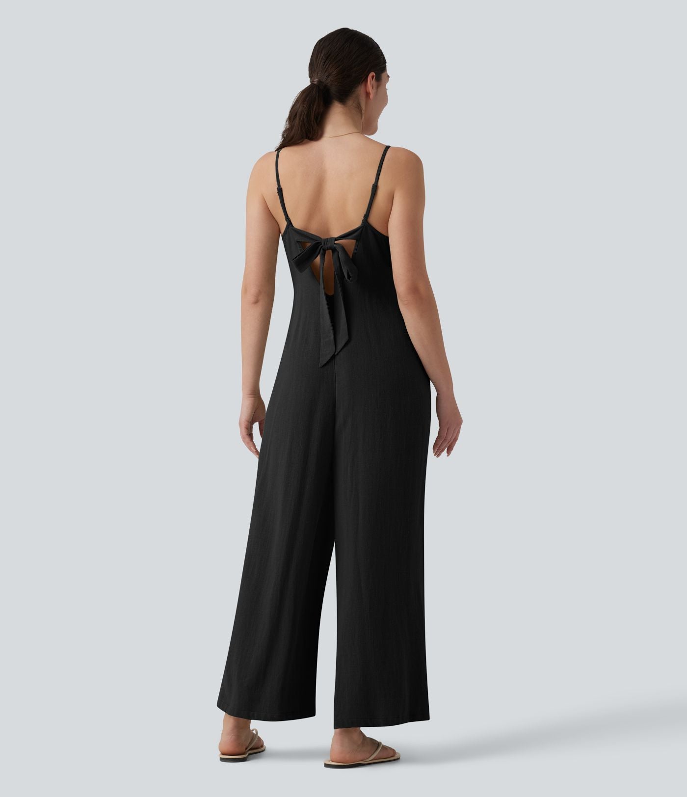 Combinaison casual large en lin sans manches, dos nu avec bretelles réglables et lien dans le dos