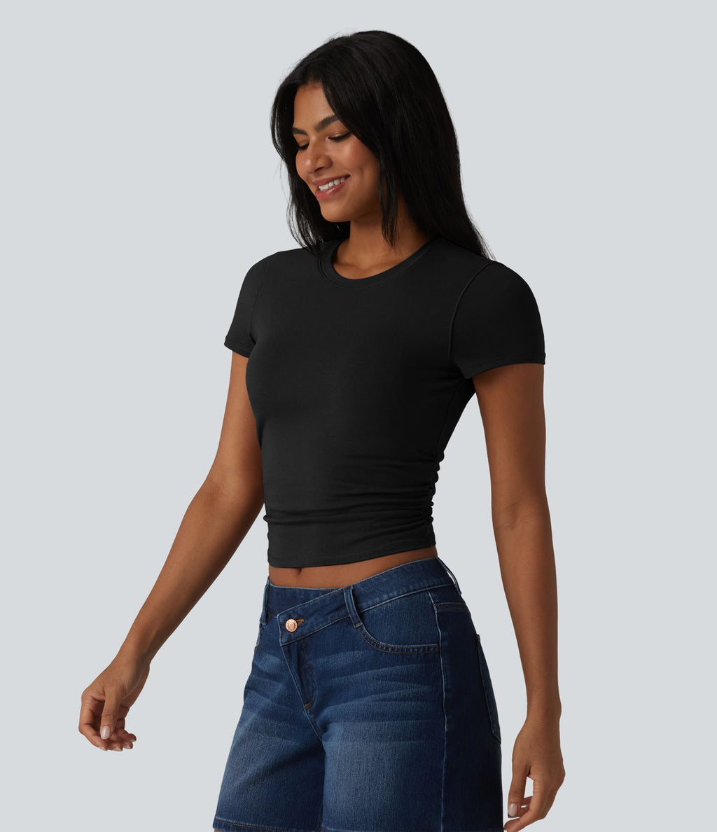 T-shirt casual Halara en jersey de coton col rond à manches courtes froncé avec brassière intégrée