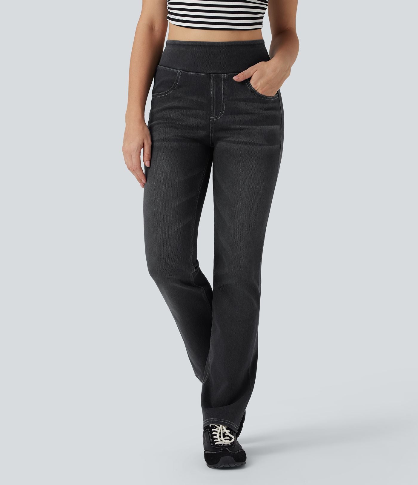 Halara Flex™ Jean évasé casual délavé taille haute gainant avec poches