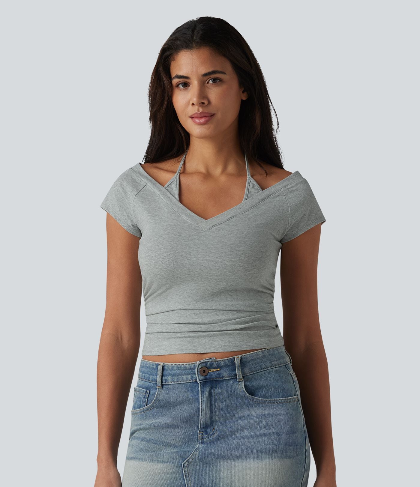Halara T-shirt casual 2 en 1 en jersey de coton manches courtes dos noué froncé