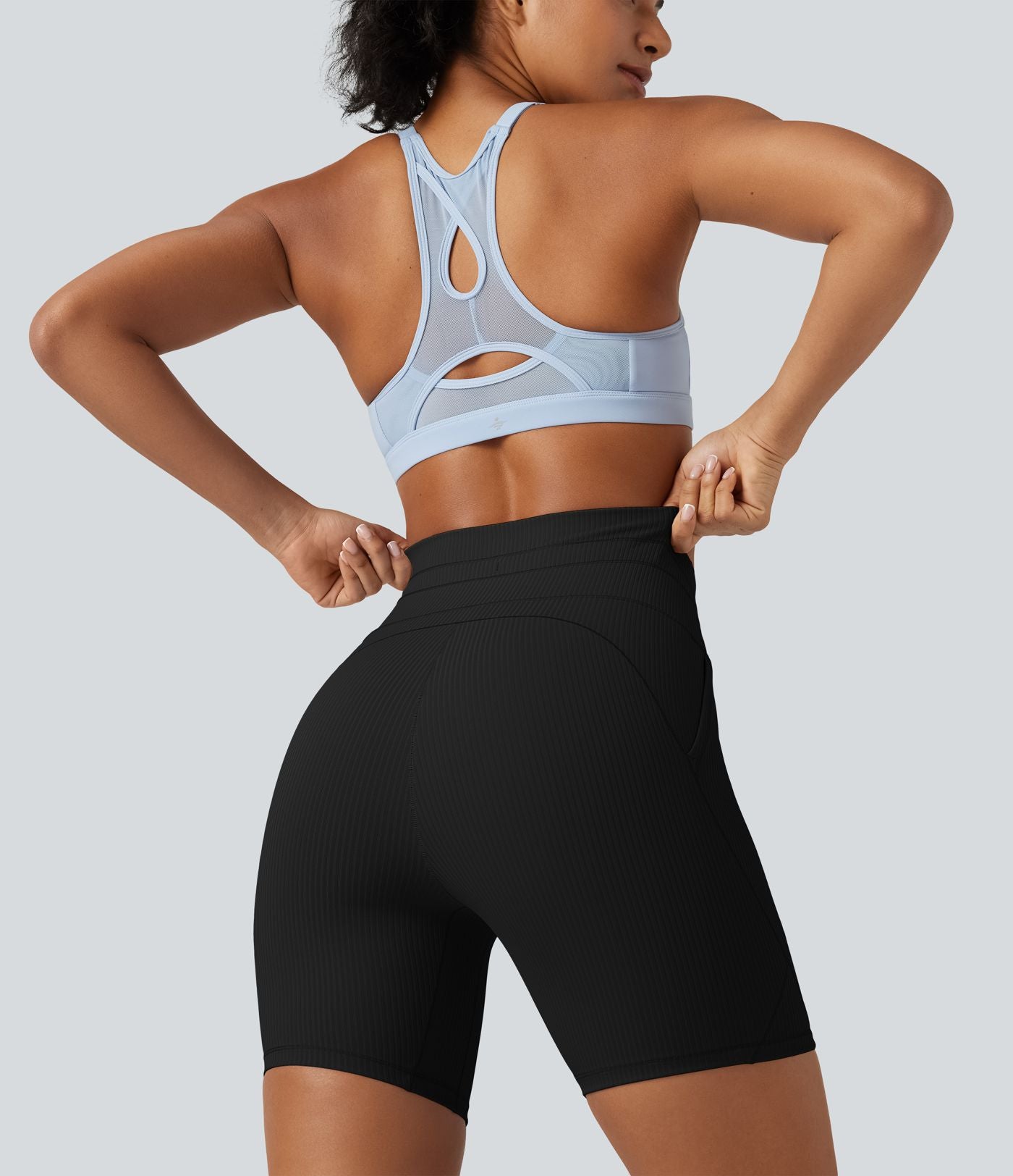 Short cycliste de yoga en maille côtelée taille haute avec cordon de serrage séchage rapide 15 cm avec poches - UPF50+
