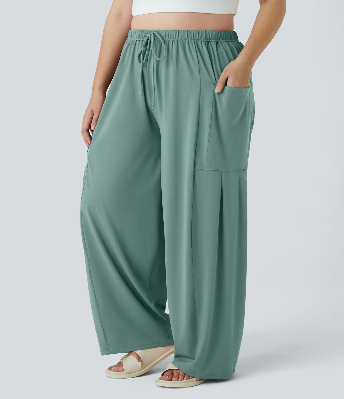 Pantalon Large Casual Taille Mi-Haute Taille Élastique Cordon Poches Latérales Ourlet Flottant Grande Taille