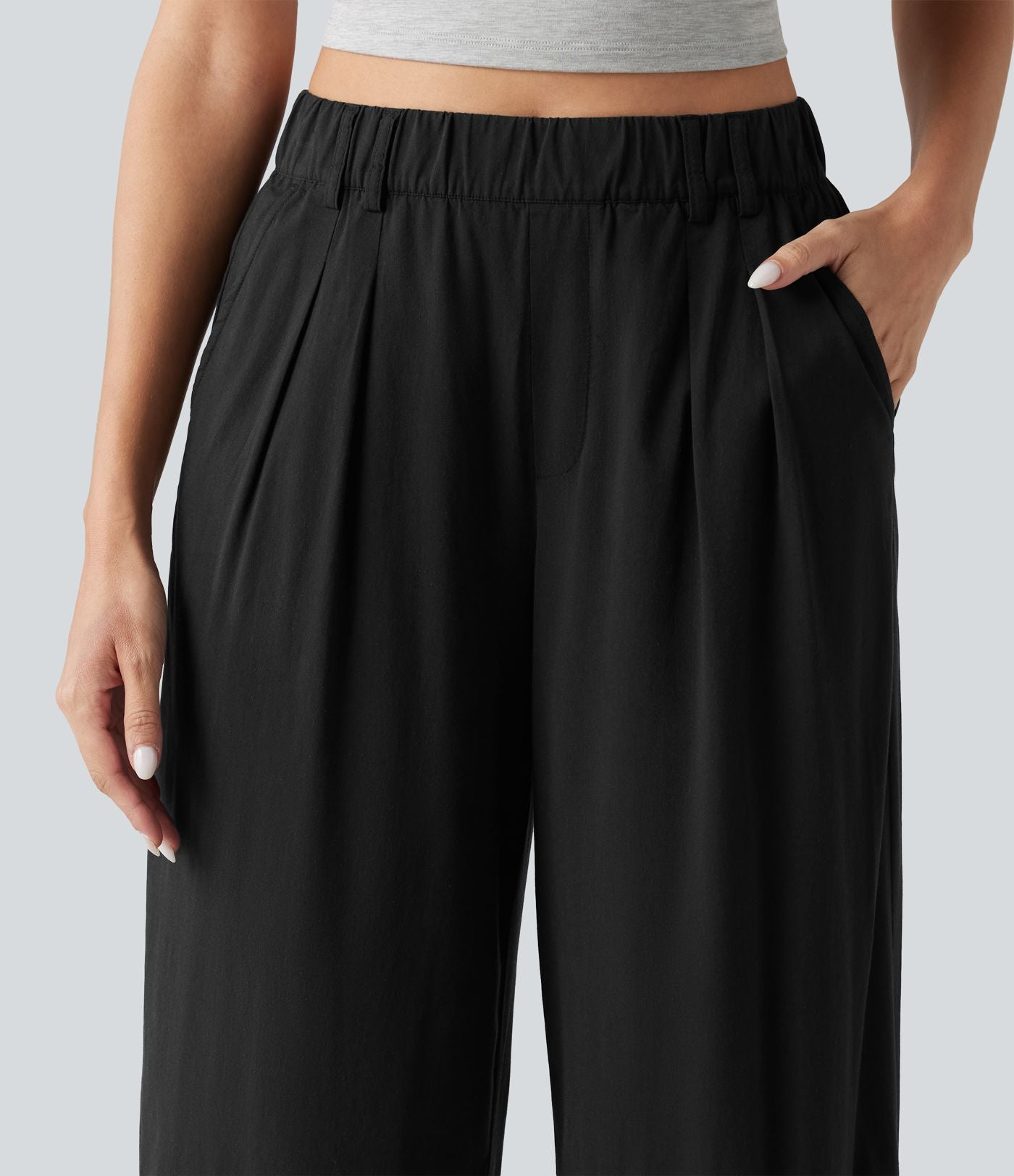 Pantalon large fluide casual raccourci taille haute avec ourlet arrondi, tissu extensible aspect lin et poches