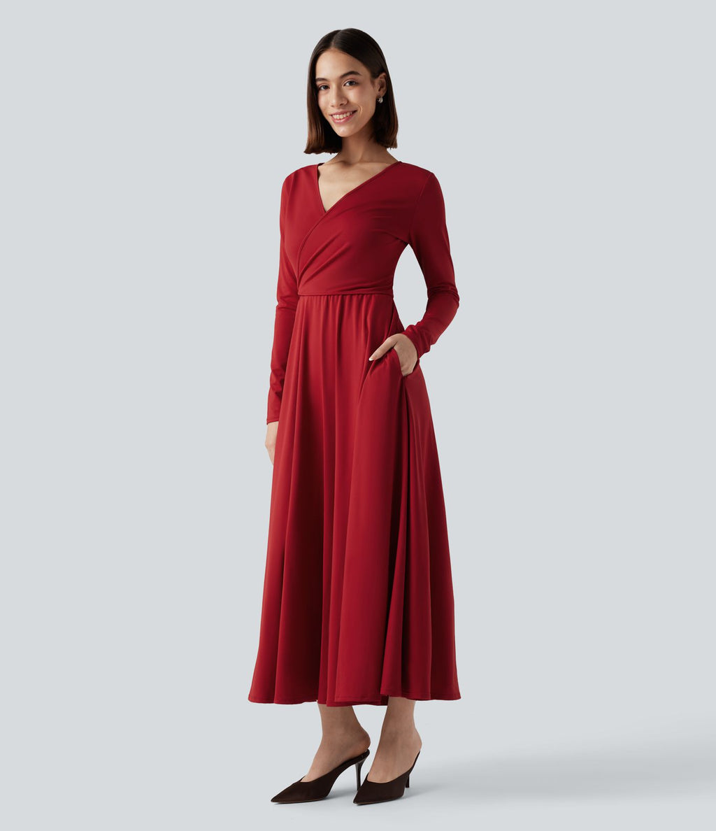 Robe mi-longue deux pièces à manches longues effet cache-cœur avec nœud au dos et poches