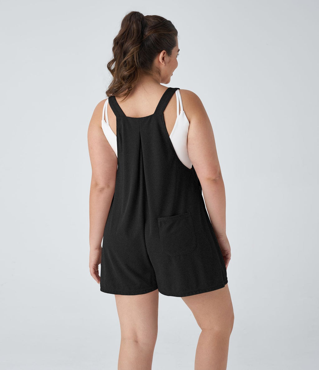 Salopette Casual en Gaufré avec Bretelles Réglables Boutons et Poches Multiples Grande Taille