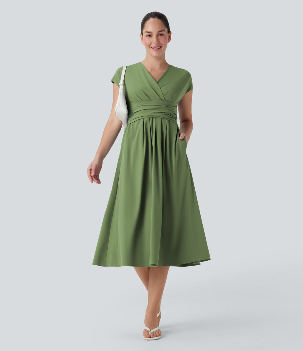 Robe midi Breezeful™ col V manches courtes à liens dans le dos séchage rapide avec poches latérales