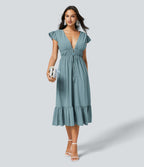 Breezeful™ Robe Midi Séchage Rapide Demoiselle d'Honneur et Invitée de Mariage Encolure en V Profond Manches Papillon Dos Nu Nœud Poches Latérales Ourlet à Volants