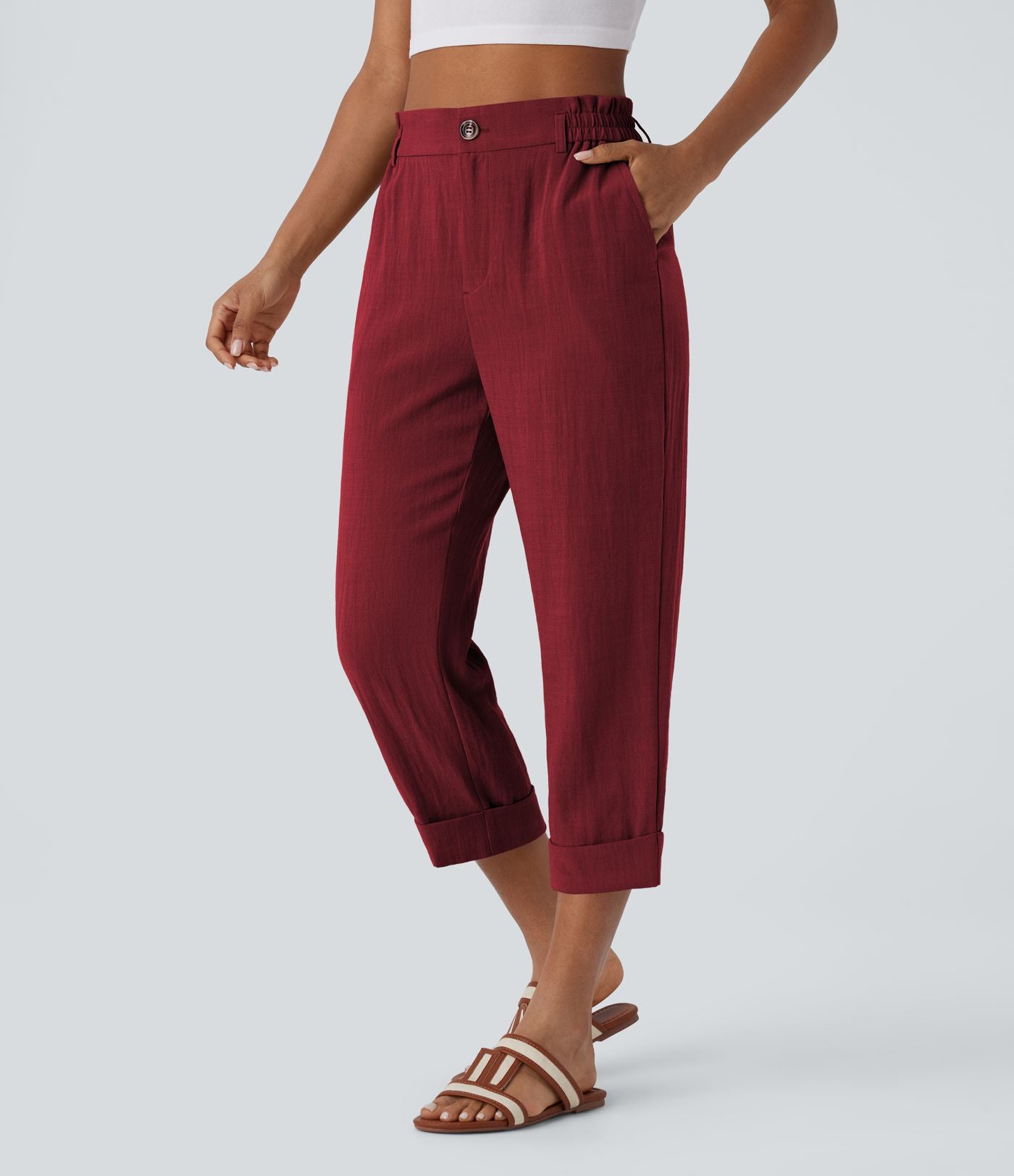 Pantalon capri effet lin taille haute avec poches zippées